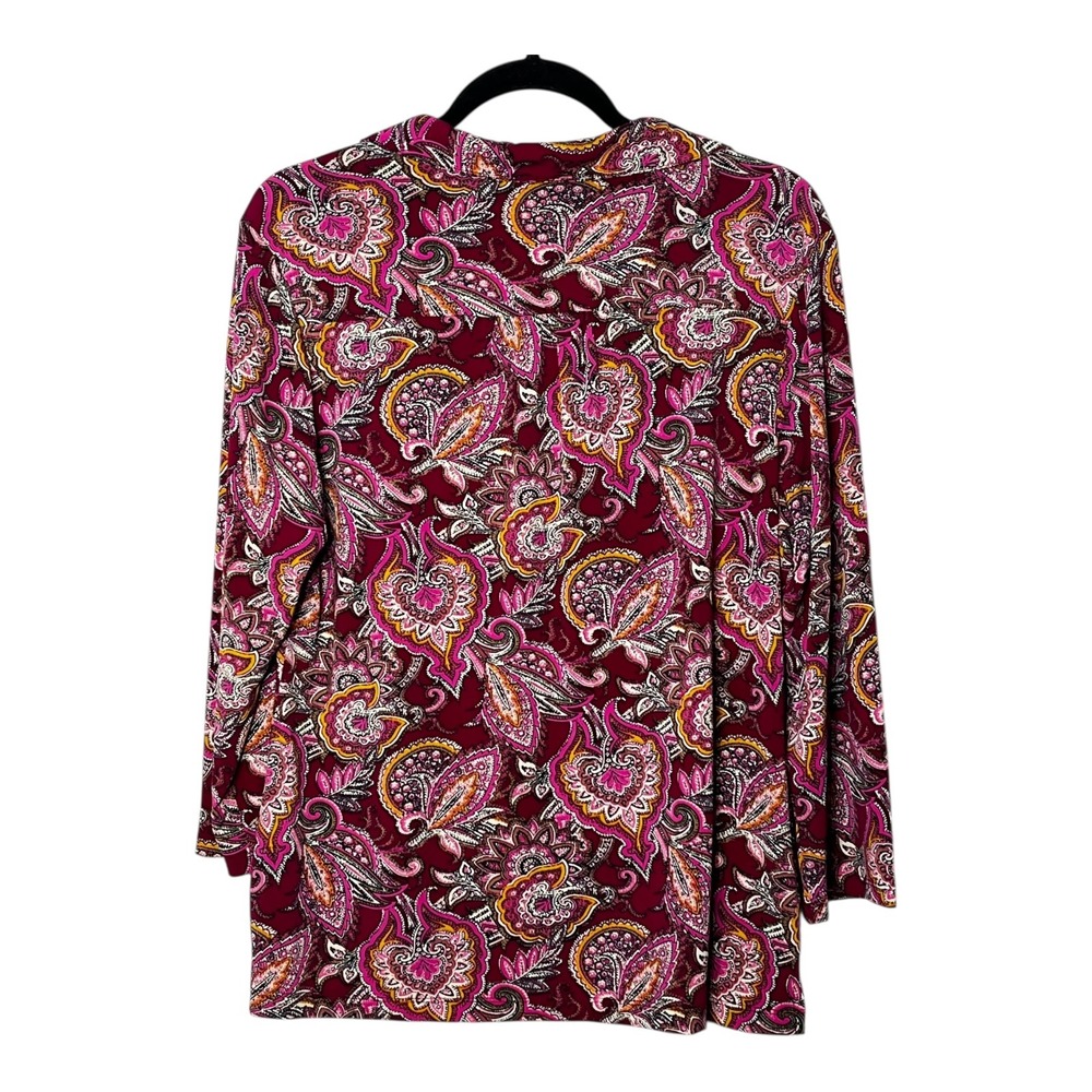 Madison Womens Paisley Blouse Burgundy Pink 3/4 Sleeve Button Front Top Size L - Picture 2 of 7